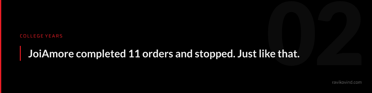 College years: JoiAmore completed 11 orders and stopped. Just like that.